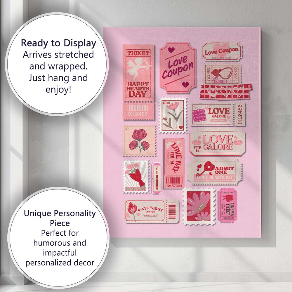 Retro Love Coupon Valentine Ticket Collage Canvas Wall Art Print Decor Picture Ready to Hang