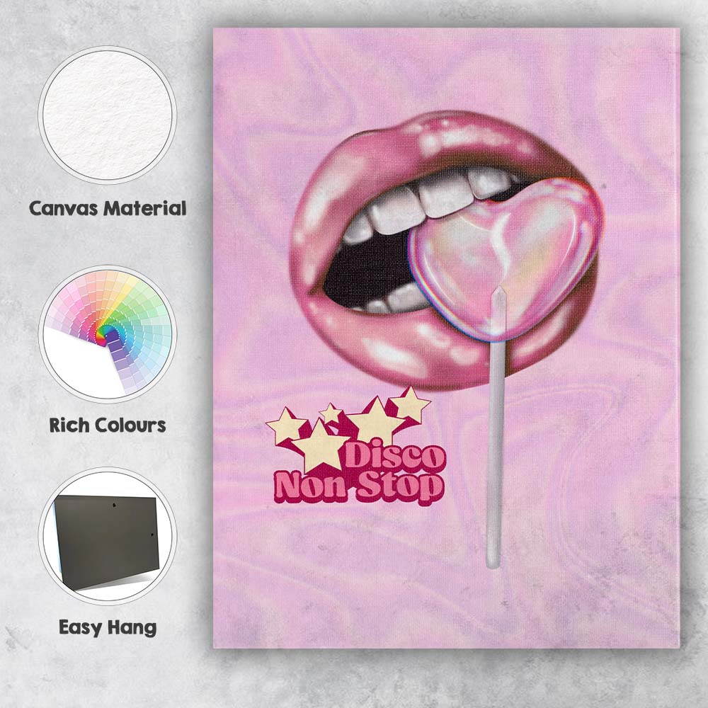 Pink Glossy Lips Heart Lollipop Disco Pop Art Canvas Wall Art Print Decor Picture Ready to Hang