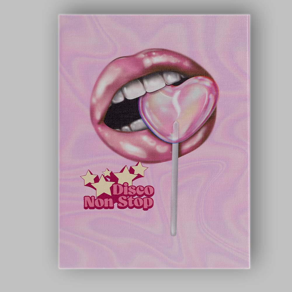 Pink Glossy Lips Heart Lollipop Disco Pop Art Canvas Wall Art Print Decor Picture Ready to Hang