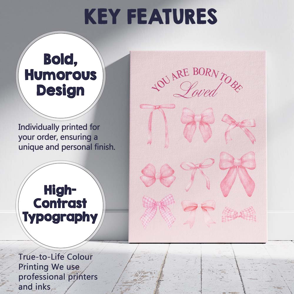 You Are Born To Be Loved Watercolour Pink Ribbon Collection Canvas Wall Art Print Decor Picture Ready to Hang