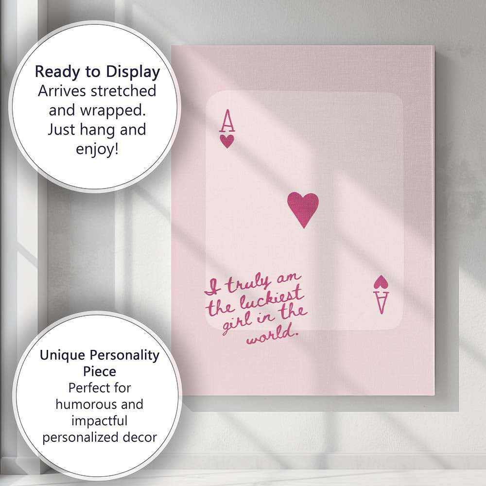 Lucky Girl Playing Card Heart Typography Canvas Wall Art Print Decor Picture Ready to Hang