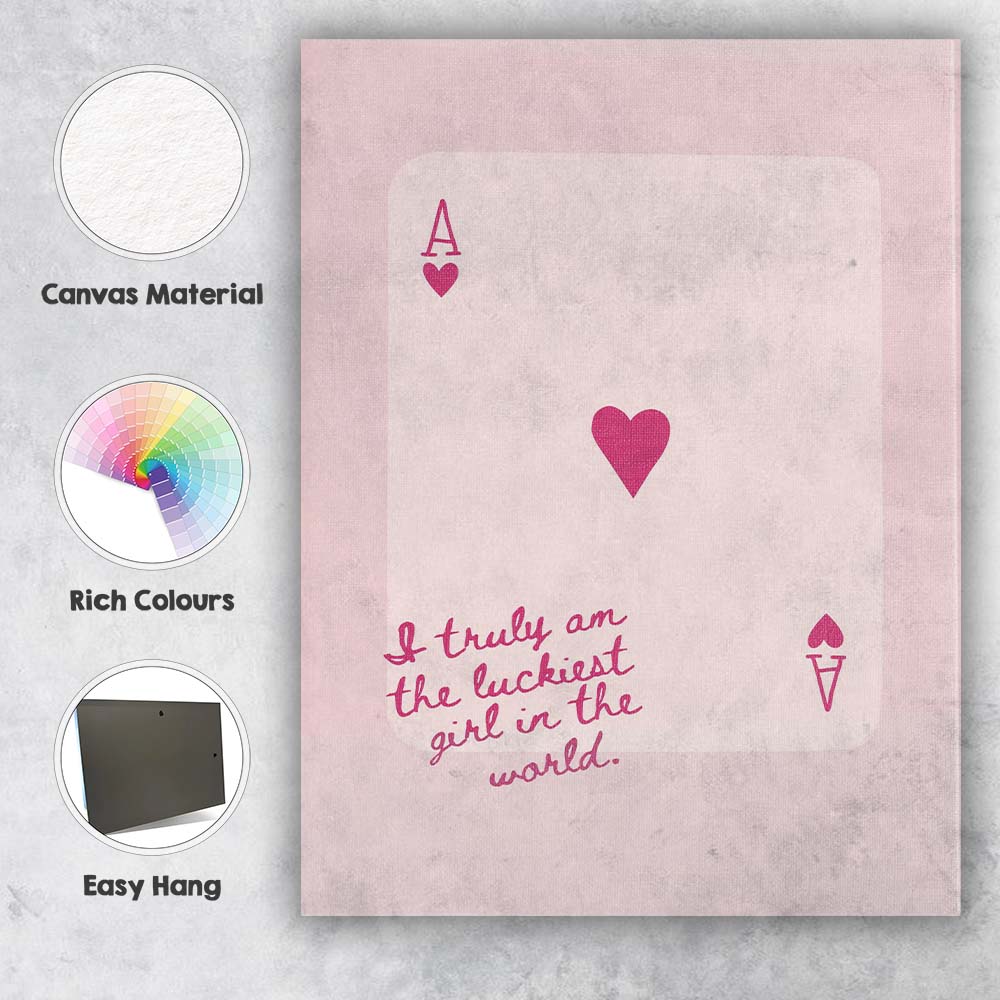 Lucky Girl Playing Card Heart Typography Canvas Wall Art Print Decor Picture Ready to Hang