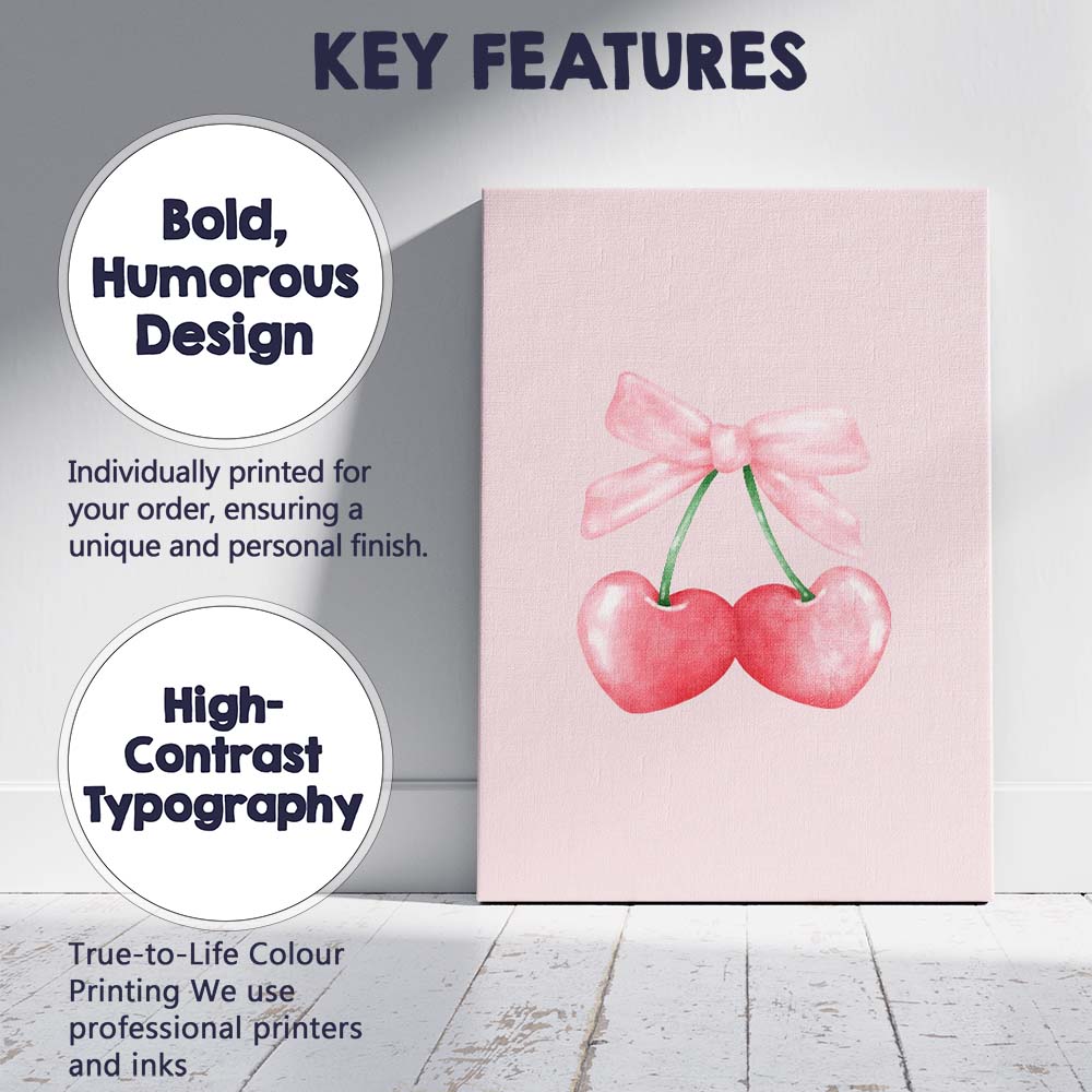 Watercolour Pink Heart Cherries Bow Illustration Canvas Wall Art Print Decor Picture Ready to Hang