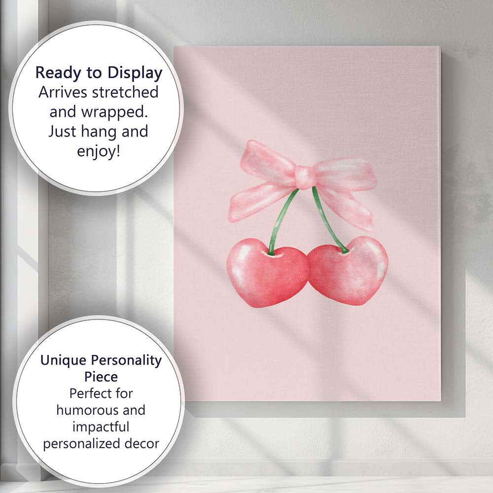 Watercolour Pink Heart Cherries Bow Illustration Canvas Wall Art Print Decor Picture Ready to Hang