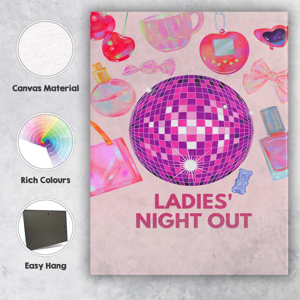 Ladies Night Out Disco Ball Glam Party Illustration Canvas Wall Art Print Decor Picture Ready to Hang