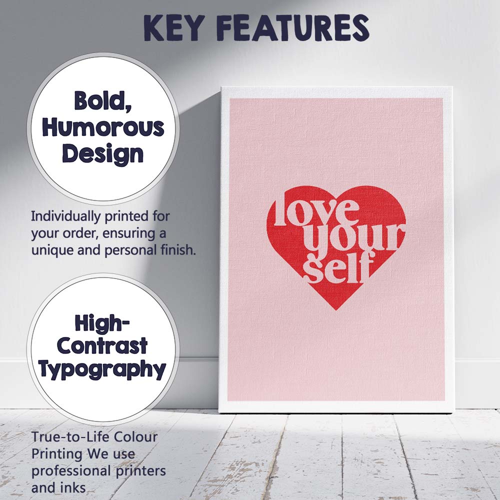 Love Your Self Heart Typography Motivational Canvas Wall Art Print Decor Picture Ready to Hang