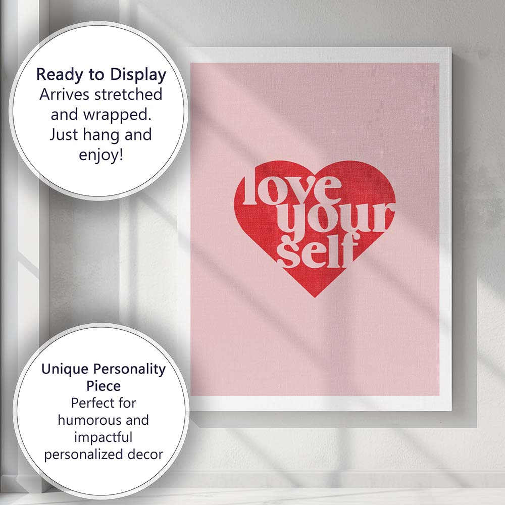 Love Your Self Heart Typography Motivational Canvas Wall Art Print Decor Picture Ready to Hang