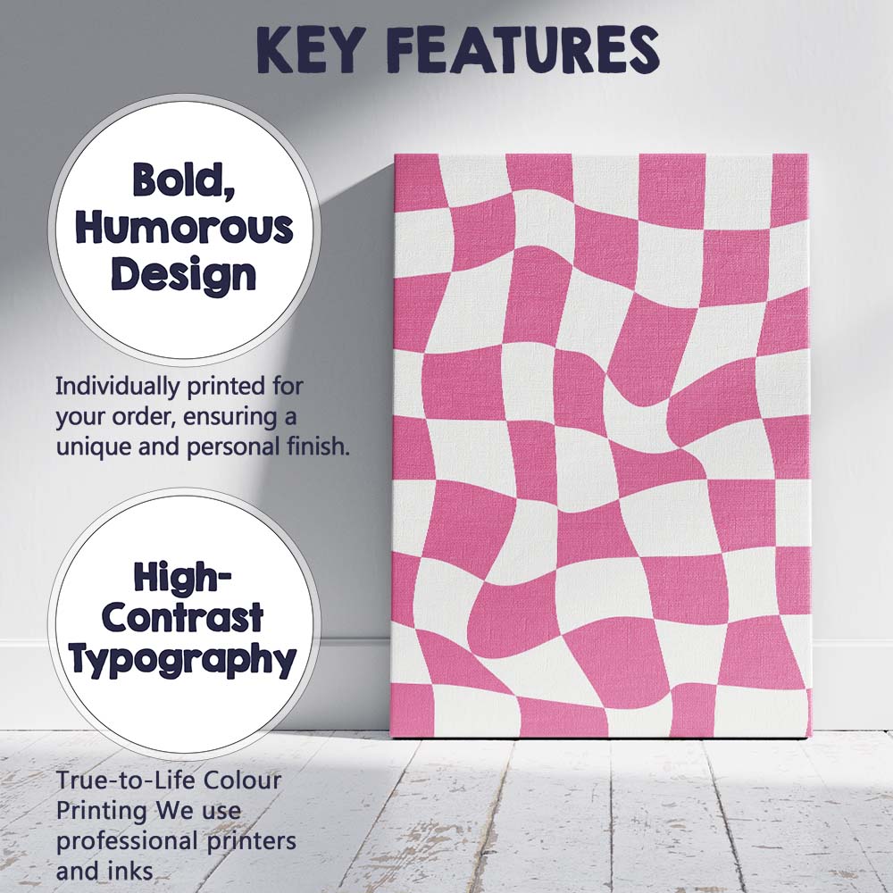 Pink Wavy Checkerboard Retro Geometric Pattern Canvas Wall Art Print Decor Picture Ready to Hang