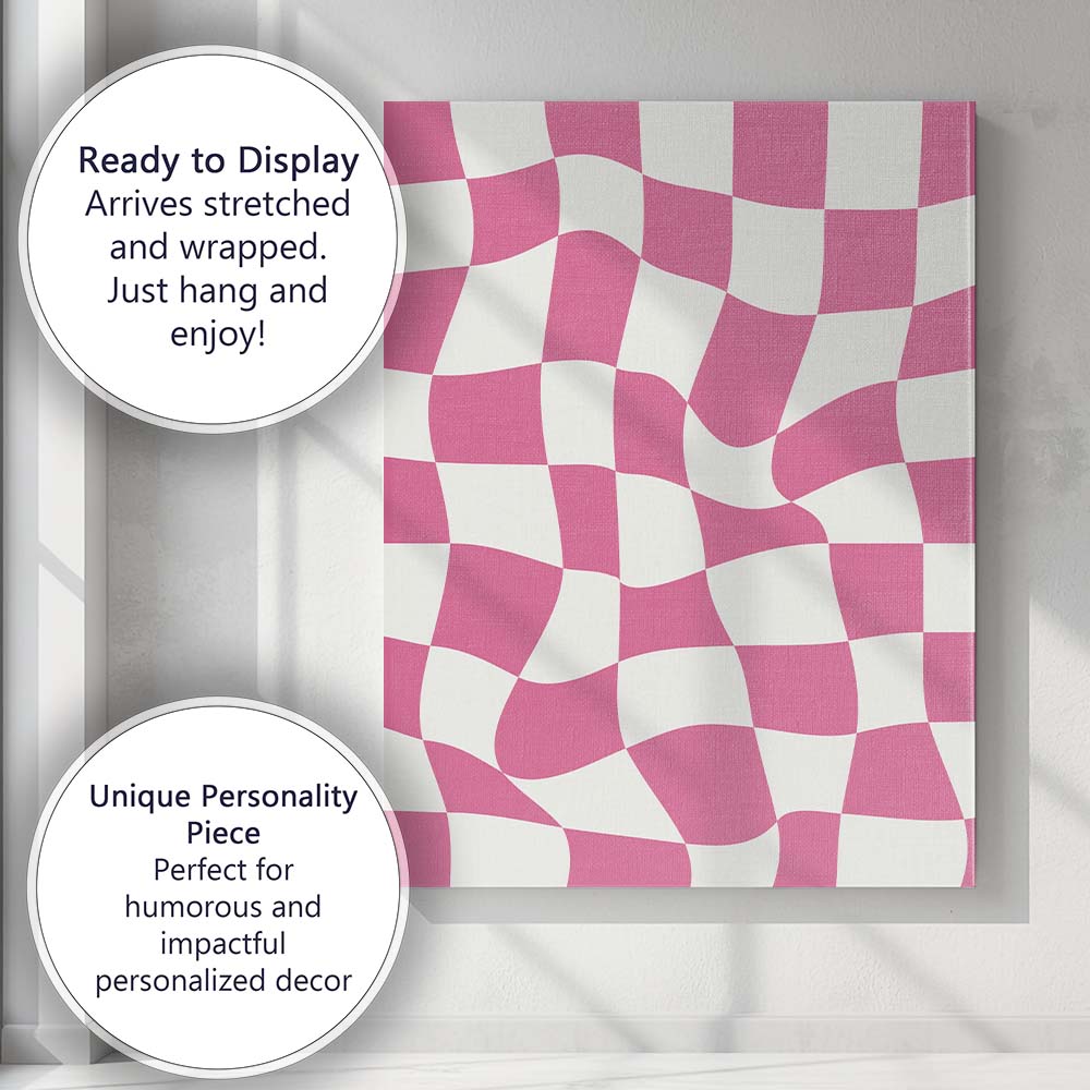Pink Wavy Checkerboard Retro Geometric Pattern Canvas Wall Art Print Decor Picture Ready to Hang
