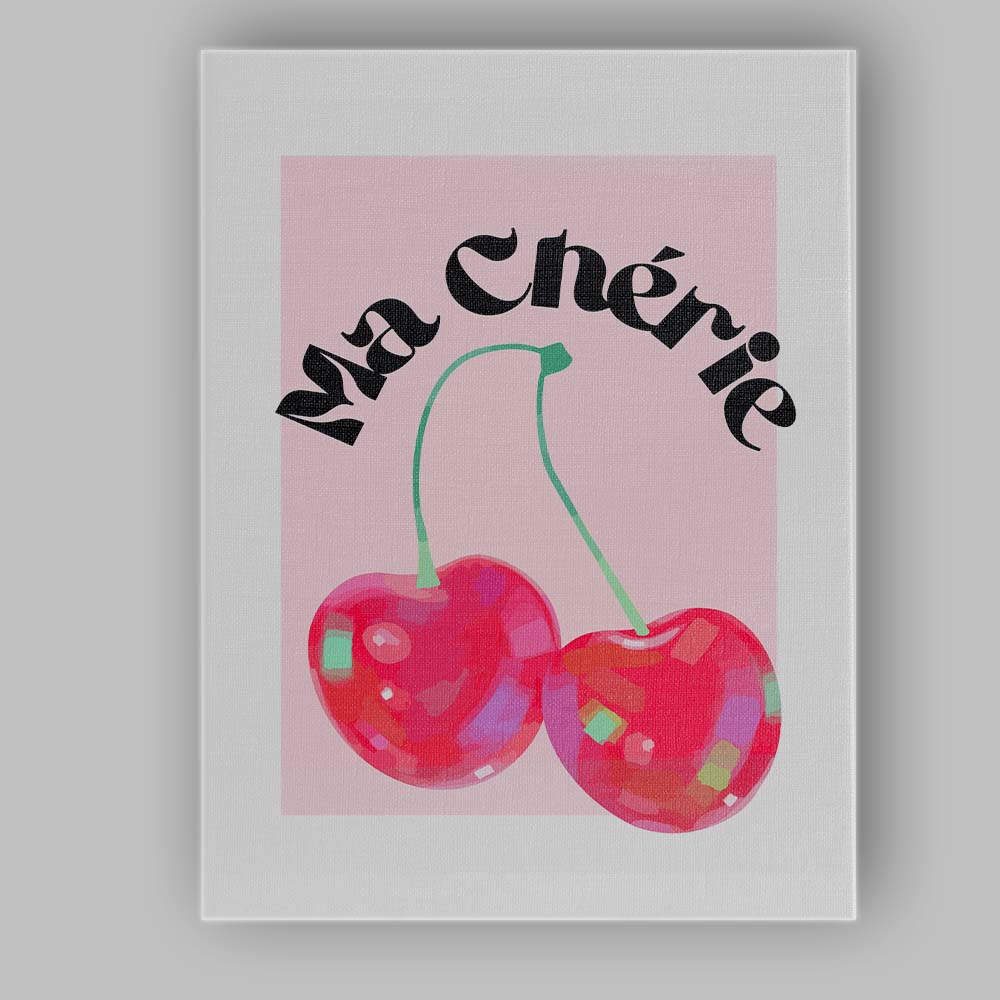 Ma Chérie Cherry Typography Retro Fruit Canvas Wall Art Print Decor Picture Ready to Hang