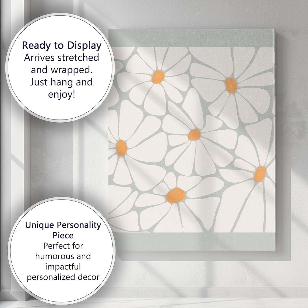 Scandinavian White Daisy Floral Repeat Pattern Canvas Wall Art Print Decor Picture Ready to Hang