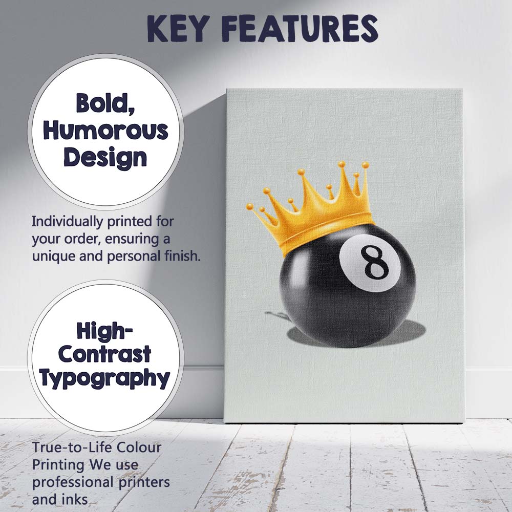 Luxury Gold Crown Eight Ball Illustration Canvas Wall Art Print Decor Picture Ready to Hang