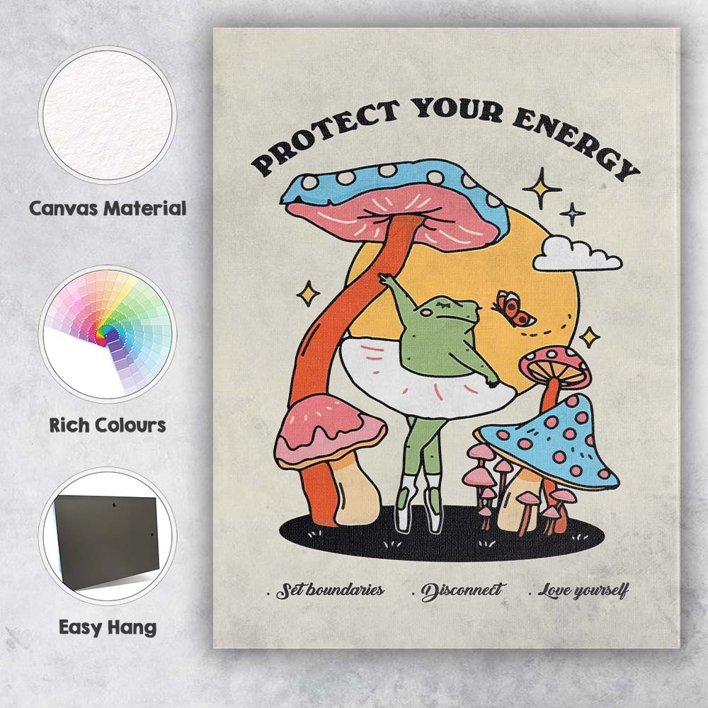 Protect Your Energy Frog Mushroom Illustration Canvas Wall Art Print Decor Picture Ready to Hang