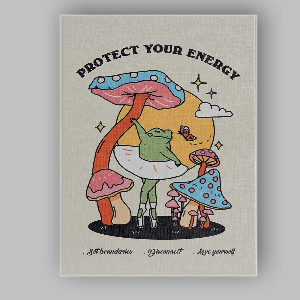 Protect Your Energy Frog Mushroom Illustration Canvas Wall Art Print Decor Picture Ready to Hang