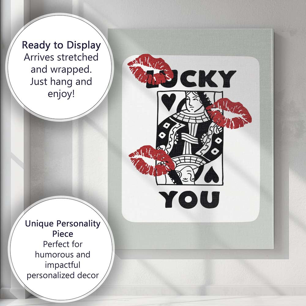 Lucky You Queen Of Hearts Playing Card Kiss Print Canvas Wall Art Print Decor Picture Ready to Hang