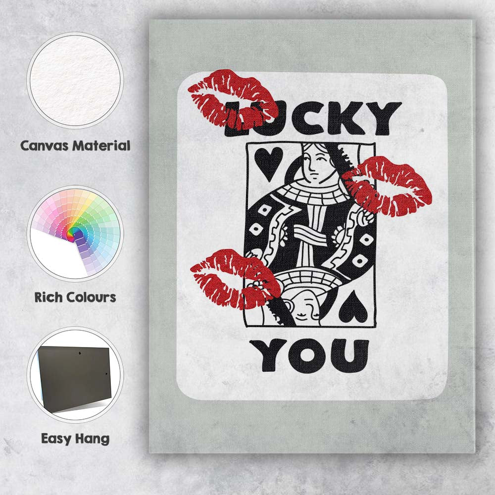 Lucky You Queen Of Hearts Playing Card Kiss Print Canvas Wall Art Print Decor Picture Ready to Hang