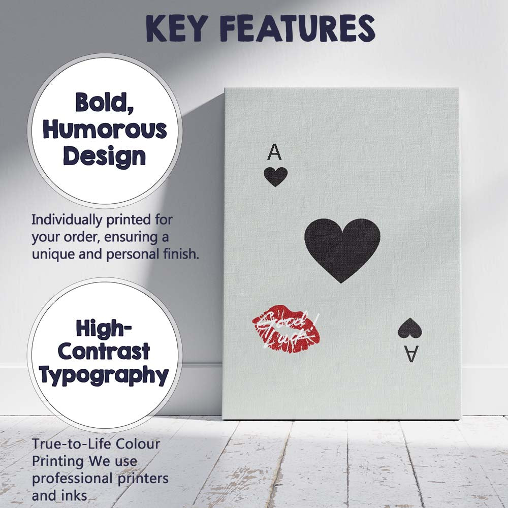 Minimalist Ace Of Hearts Playing Card Kiss Graphic Canvas Wall Art Print Decor Picture Ready to Hang