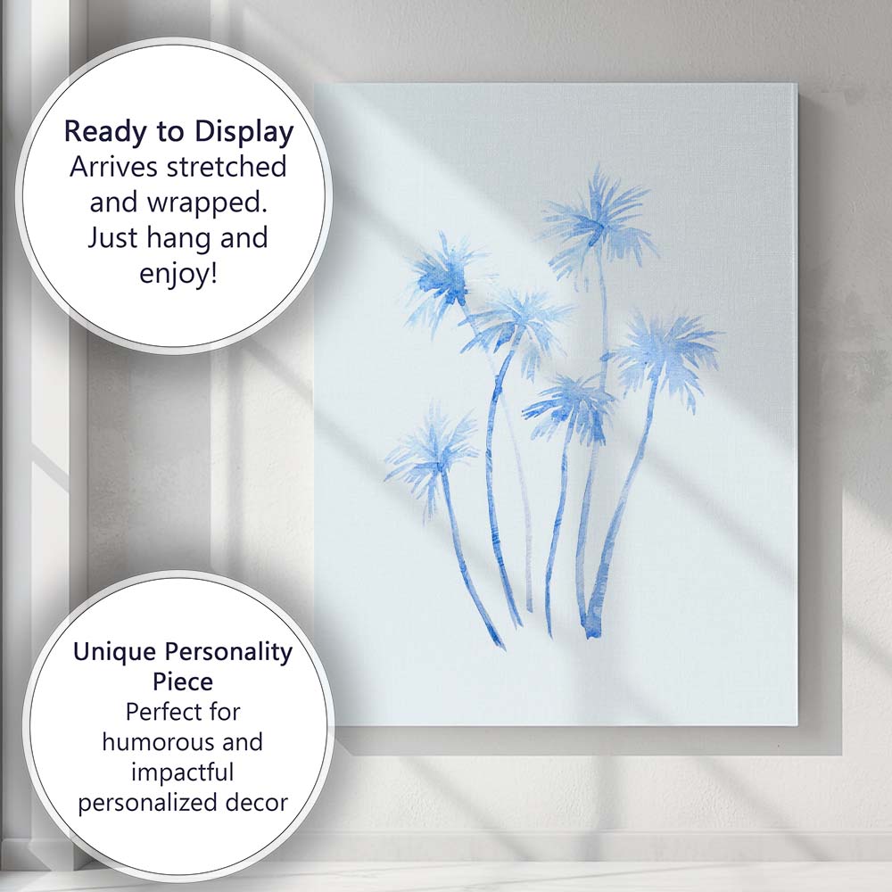 Soft Blue Watercolour Tropical Palm Trees Canvas Wall Art Print Decor Picture Ready to Hang