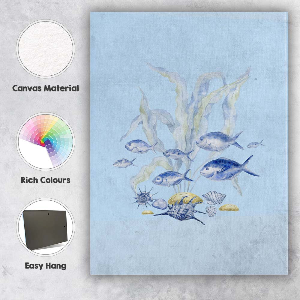 Blue Watercolour Tropical Fish Coral Reef Illustration Canvas Wall Art Print Decor Picture Ready to Hang