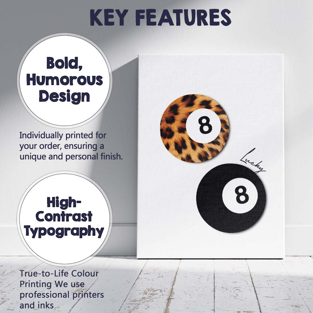 Leopard Print Lucky Eight Ball Retro Aesthetic Canvas Wall Art Print Decor Picture Ready to Hang