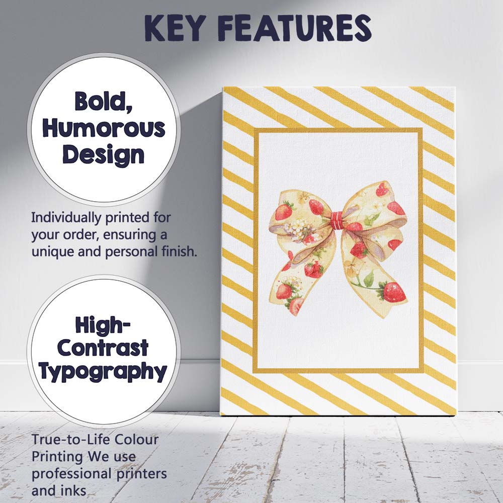 Strawberry Floral Ribbon Bow Yellow Diagonal Striped Frame Canvas Wall Art Print Decor Picture Ready to Hang