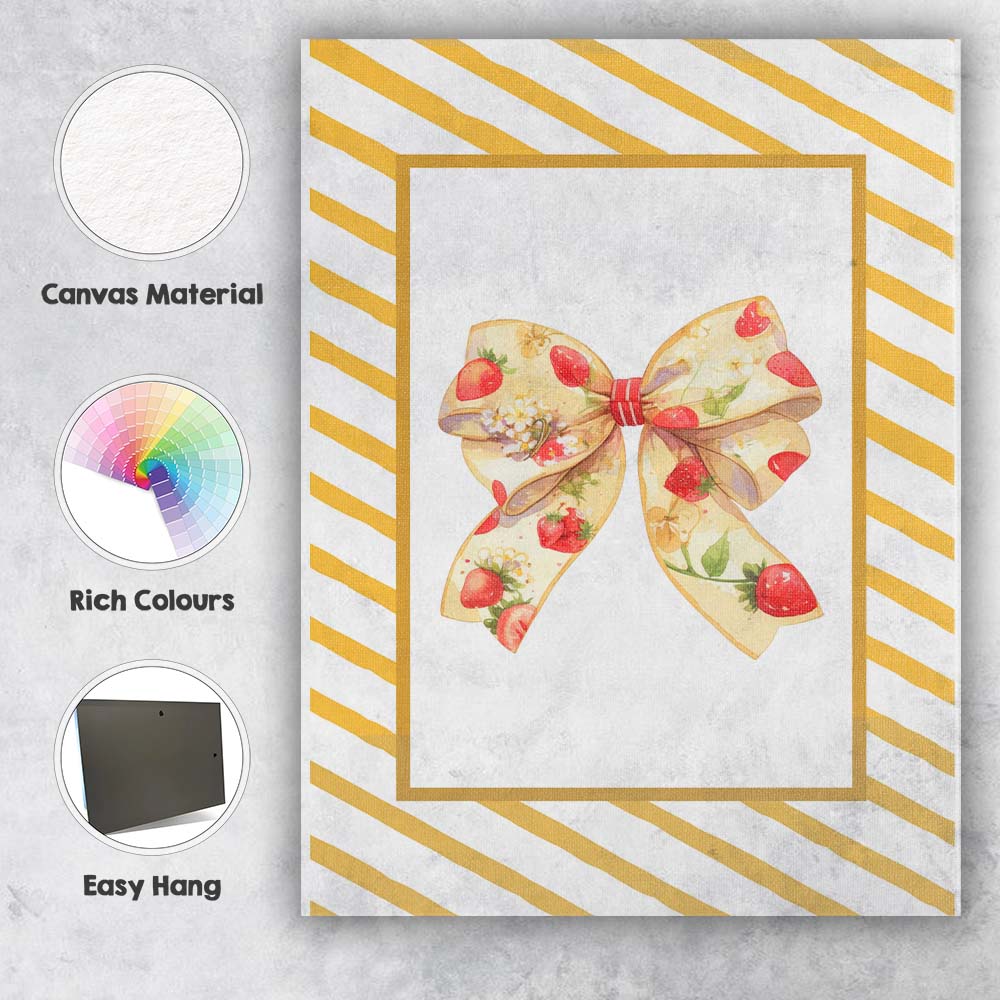 Strawberry Floral Ribbon Bow Yellow Diagonal Striped Frame Canvas Wall Art Print Decor Picture Ready to Hang