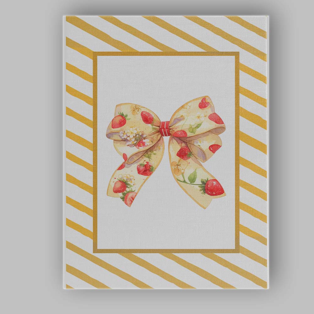 Strawberry Floral Ribbon Bow Yellow Diagonal Striped Frame Canvas Wall Art Print Decor Picture Ready to Hang
