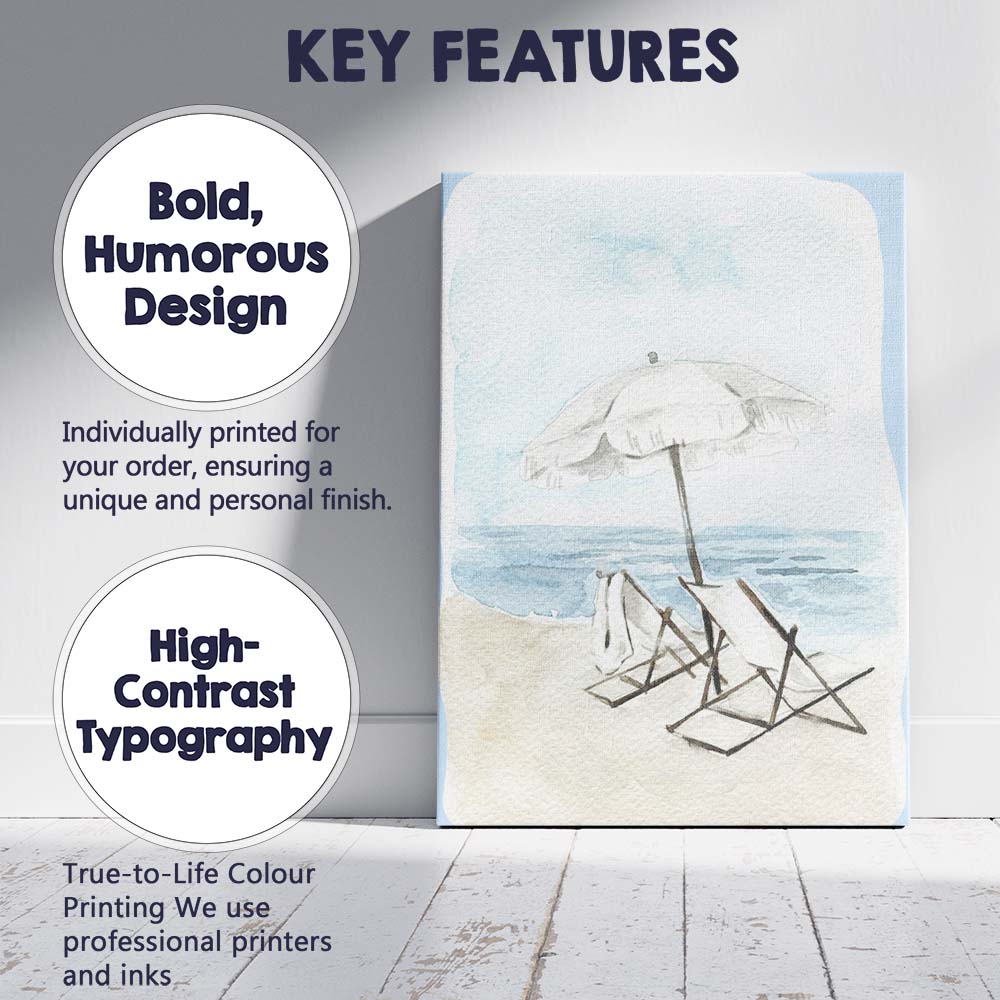 Soft Blue Watercolour Beach Umbrella Deck Chairs Seascape Canvas Wall Art Print Decor Picture Ready to Hang