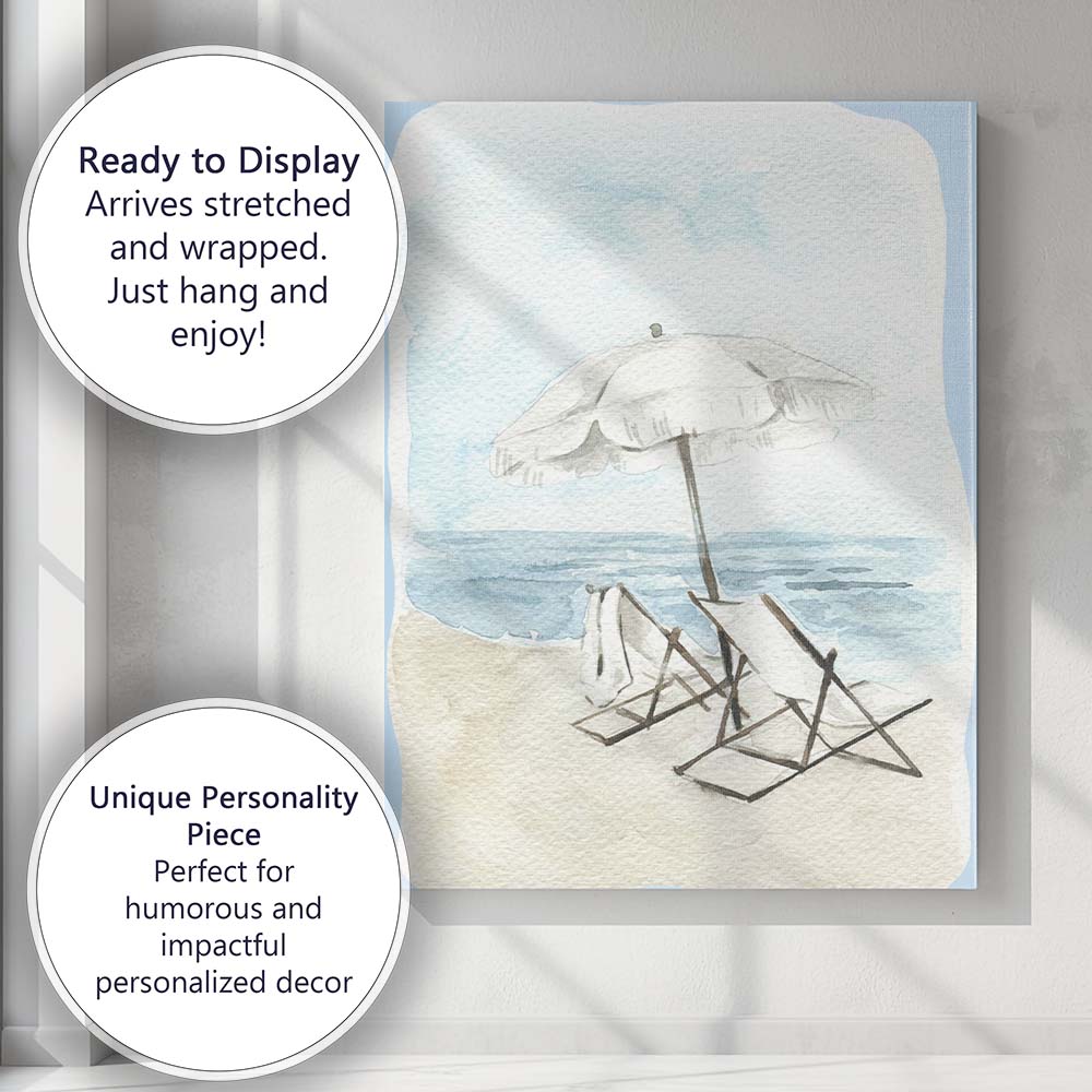 Soft Blue Watercolour Beach Umbrella Deck Chairs Seascape Canvas Wall Art Print Decor Picture Ready to Hang
