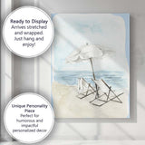 Soft Blue Watercolour Beach Umbrella Deck Chairs Seascape Canvas Wall Art Print Decor Picture Ready to Hang
