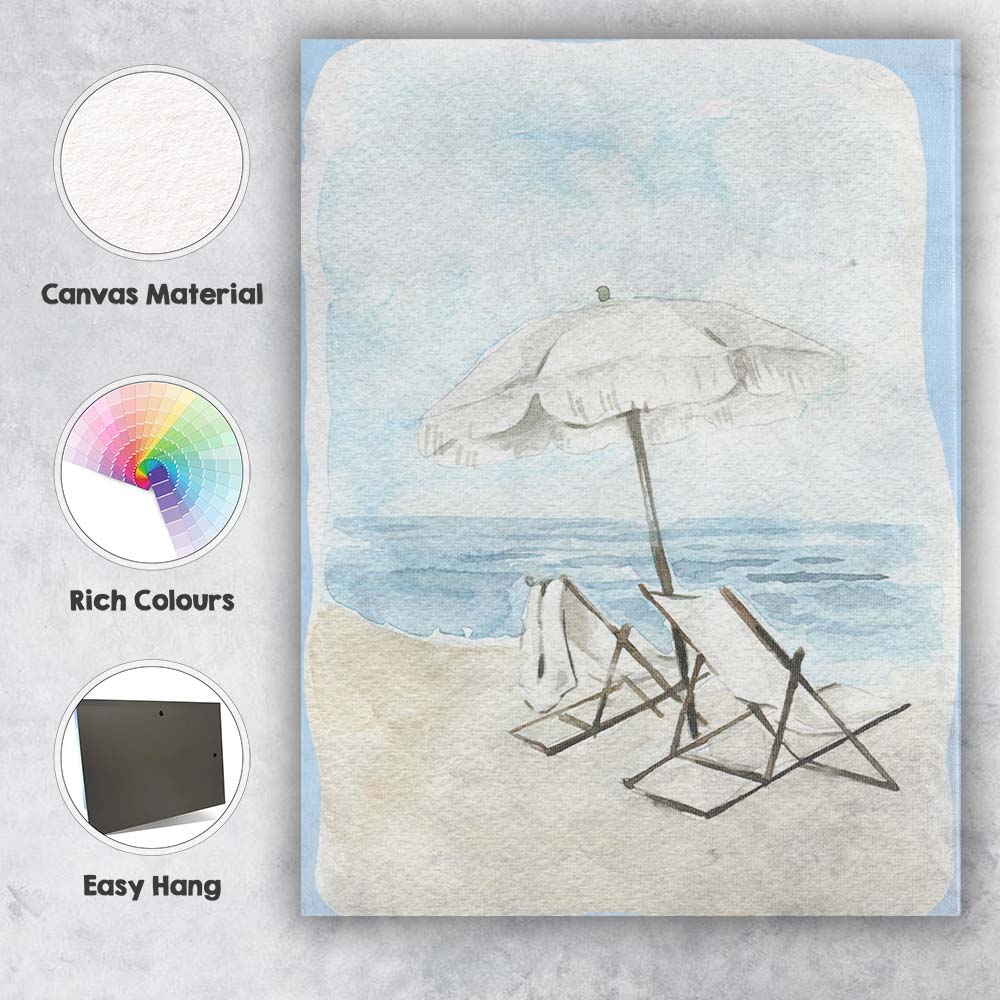 Soft Blue Watercolour Beach Umbrella Deck Chairs Seascape Canvas Wall Art Print Decor Picture Ready to Hang