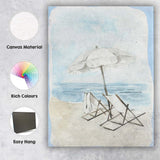 Soft Blue Watercolour Beach Umbrella Deck Chairs Seascape Canvas Wall Art Print Decor Picture Ready to Hang