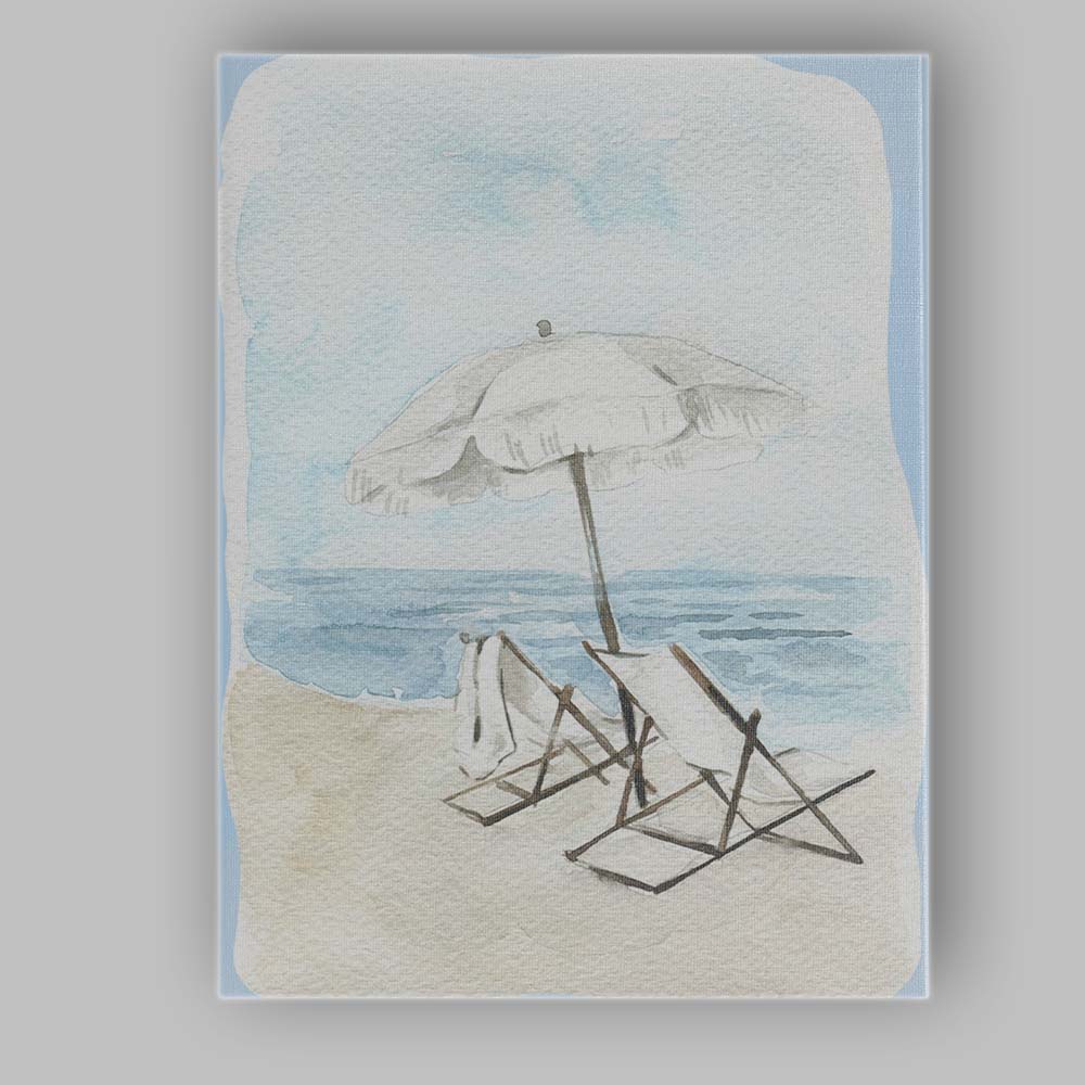 Soft Blue Watercolour Beach Umbrella Deck Chairs Seascape Canvas Wall Art Print Decor Picture Ready to Hang