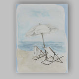 Soft Blue Watercolour Beach Umbrella Deck Chairs Seascape Canvas Wall Art Print Decor Picture Ready to Hang