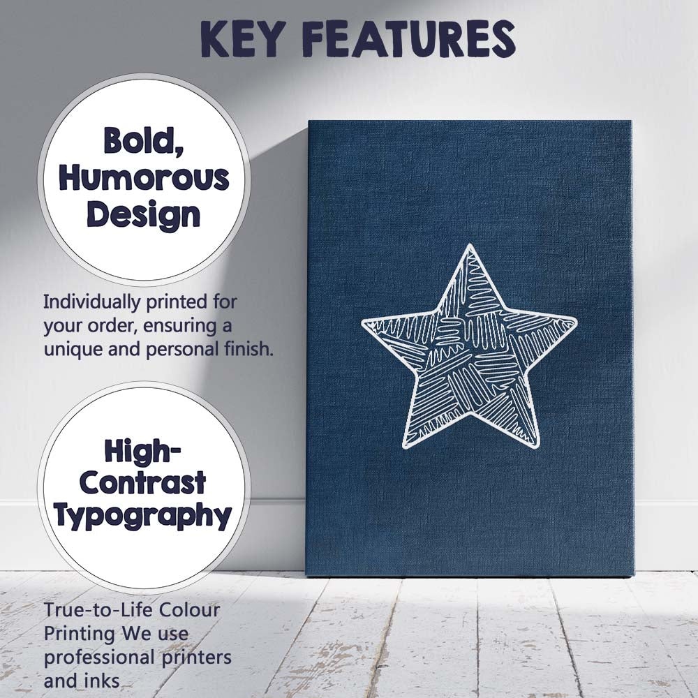 White Hand Drawn Star Navy Blue Minimalist Illustration Canvas Wall Art Print Decor Picture Ready to Hang