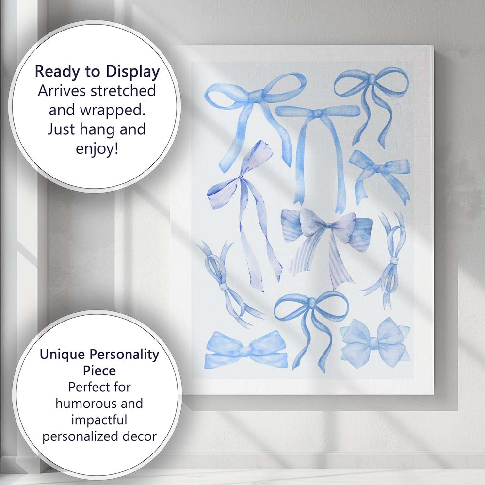 Watercolour Blue Coquette Ribbon Bow Collection Canvas Wall Art Print Decor Picture Ready to Hang