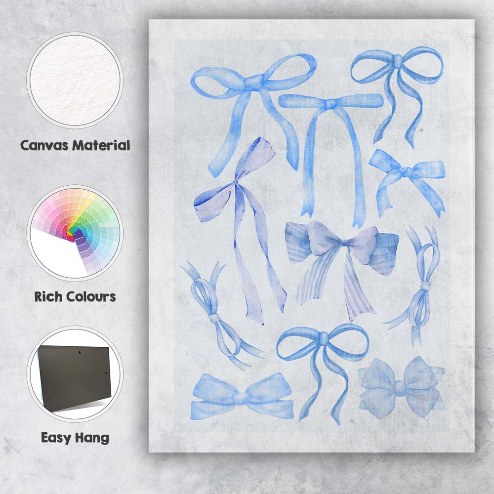 Watercolour Blue Coquette Ribbon Bow Collection Canvas Wall Art Print Decor Picture Ready to Hang