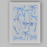 Watercolour Blue Coquette Ribbon Bow Collection Canvas Wall Art Print Decor Picture Ready to Hang