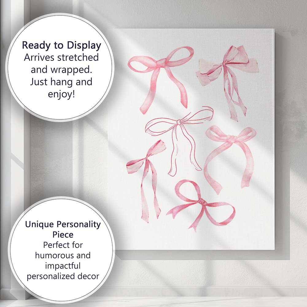 Watercolour Pink Coquette Ribbon Bow Collection Canvas Wall Art Print Decor Picture Ready to Hang