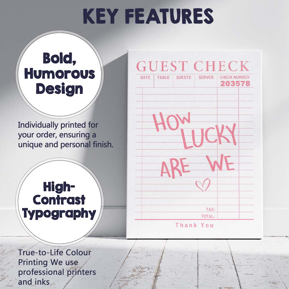 Pink Guest Check Receipt Typography Lucky Quote Canvas Wall Art Print Decor Picture Ready to Hang
