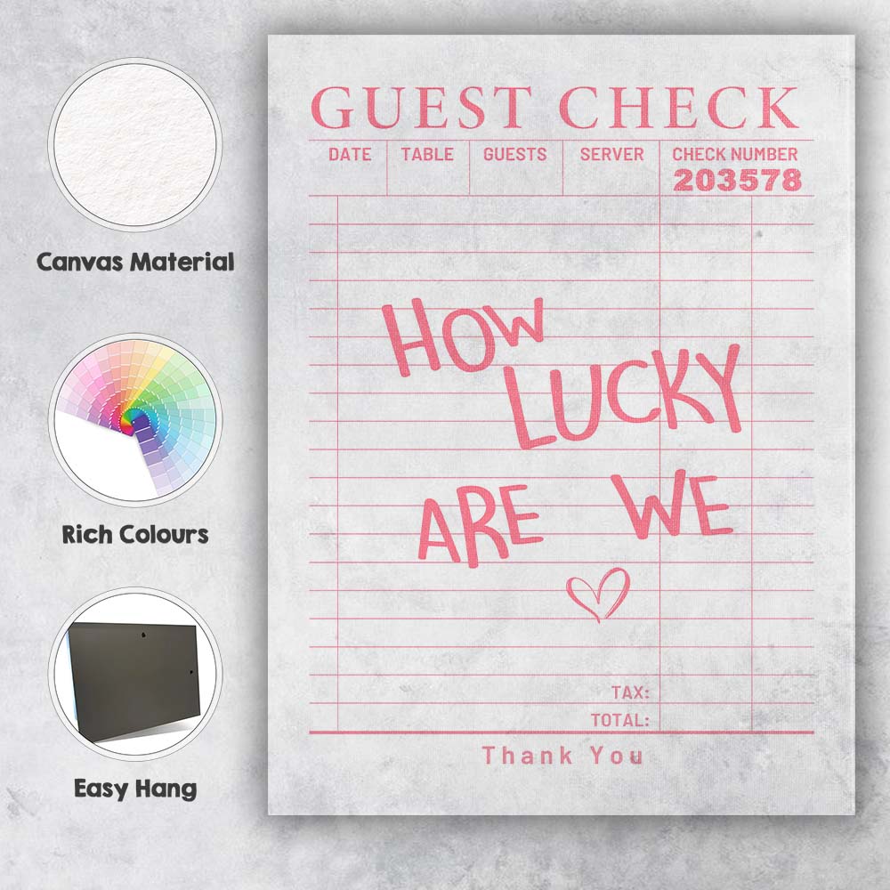 Pink Guest Check Receipt Typography Lucky Quote Canvas Wall Art Print Decor Picture Ready to Hang