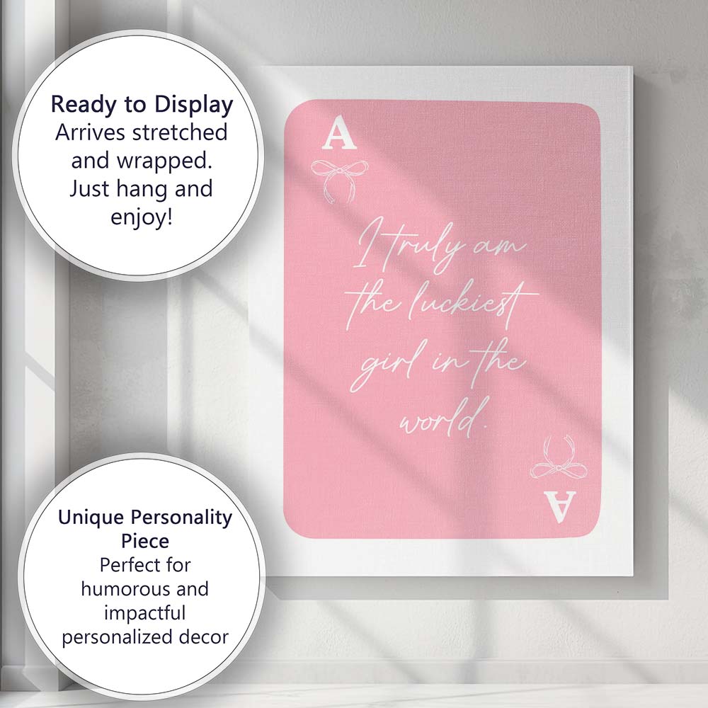 Pink Playing Card Lucky Girl Typography Coquette Canvas Wall Art Print Decor Picture Ready to Hang