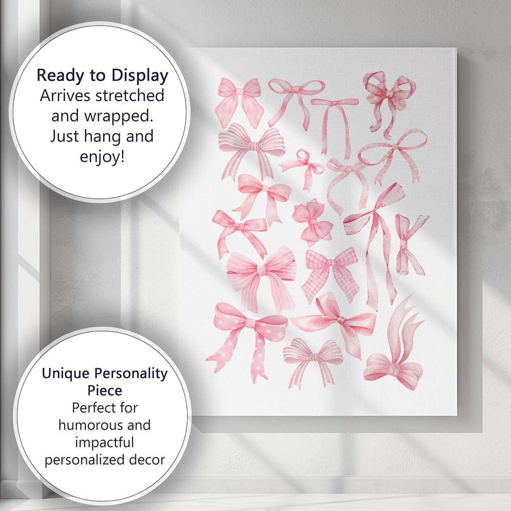 Watercolour Pink Coquette Ribbon Bow Collection Canvas Wall Art Print Decor Picture Ready to Hang