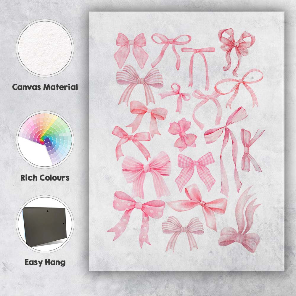 Watercolour Pink Coquette Ribbon Bow Collection Canvas Wall Art Print Decor Picture Ready to Hang