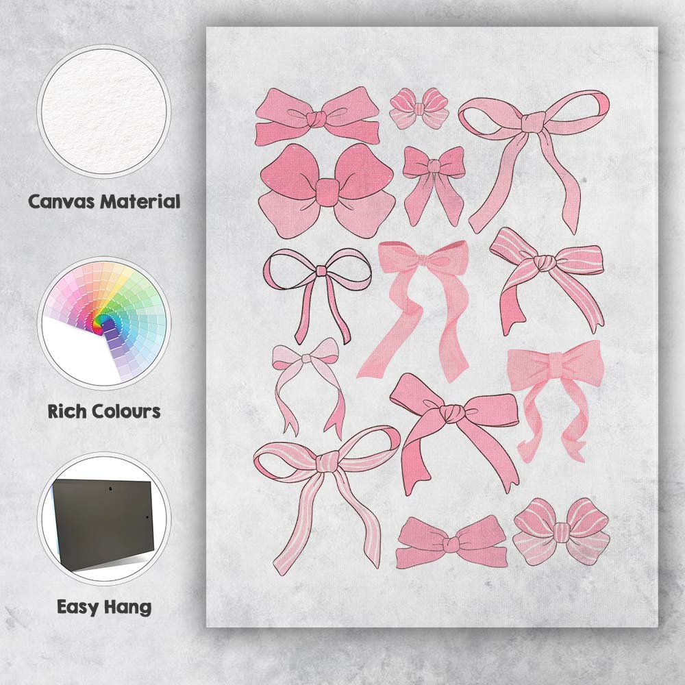Cute Pink Cartoon Ribbon Bow Collection Canvas Wall Art Print Decor Picture Ready to Hang