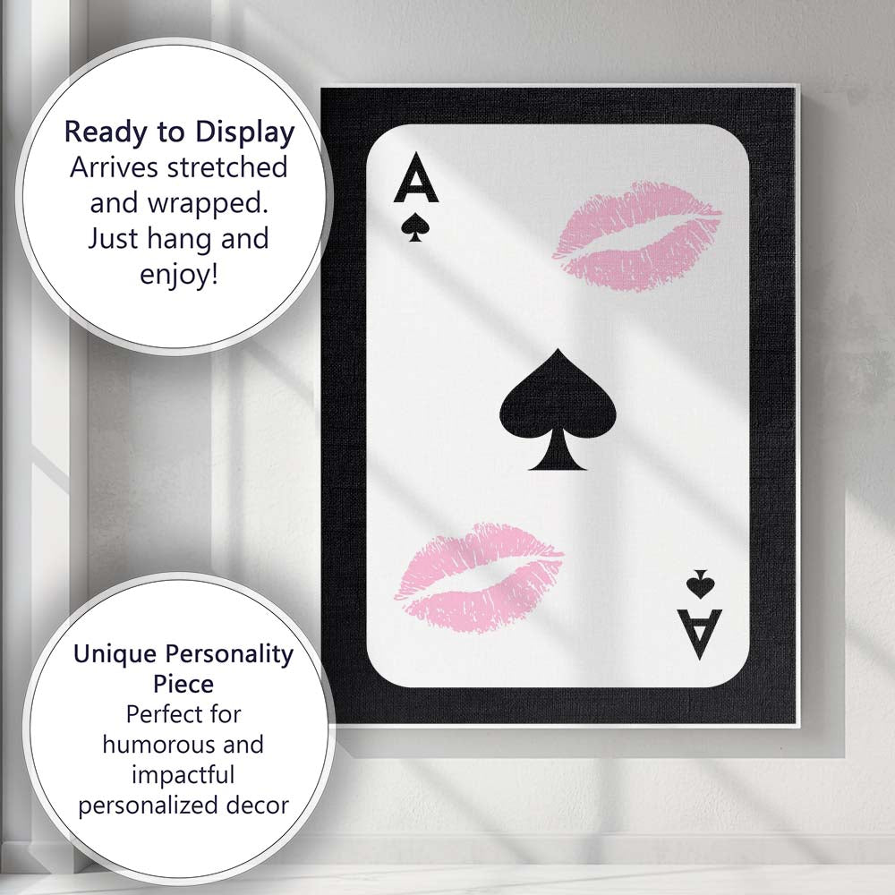 Pink Lip Print Ace of Spades Playing Card Coquette Canvas Wall Art Print Decor Picture Ready to Hang