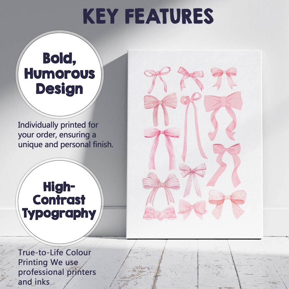 Pink Watercolour Coquette Ribbon Bow Collection Canvas Wall Art Print Decor Picture Ready to Hang