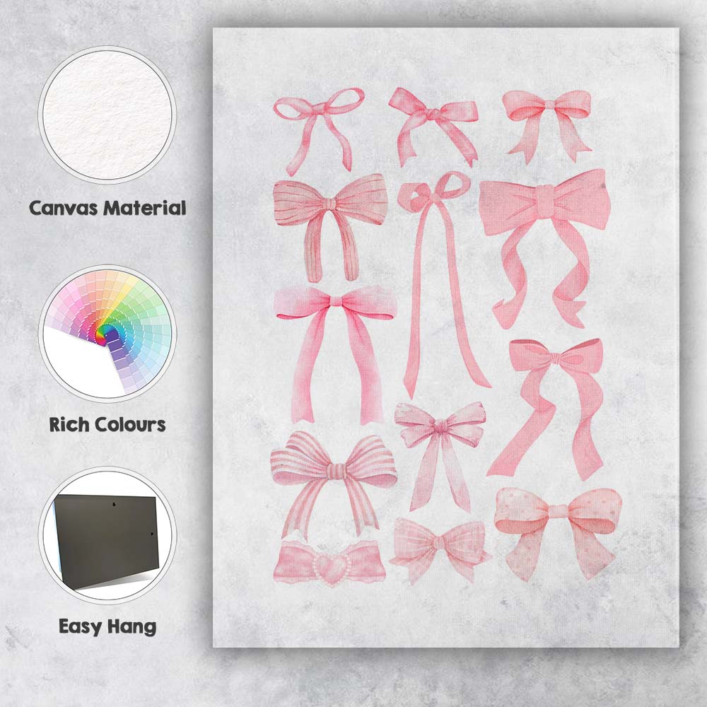 Pink Watercolour Coquette Ribbon Bow Collection Canvas Wall Art Print Decor Picture Ready to Hang