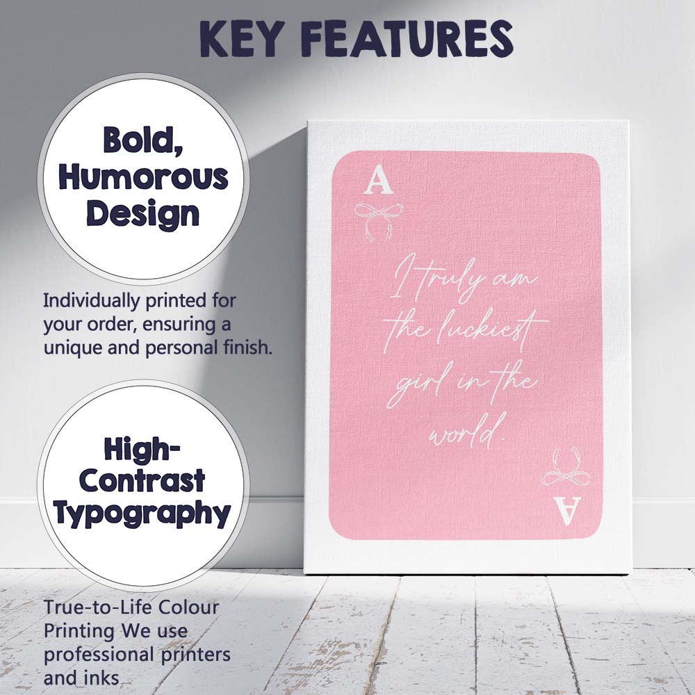 Pink Playing Card Inspirational Quote Coquette Typography Canvas Wall Art Print Decor Picture Ready to Hang