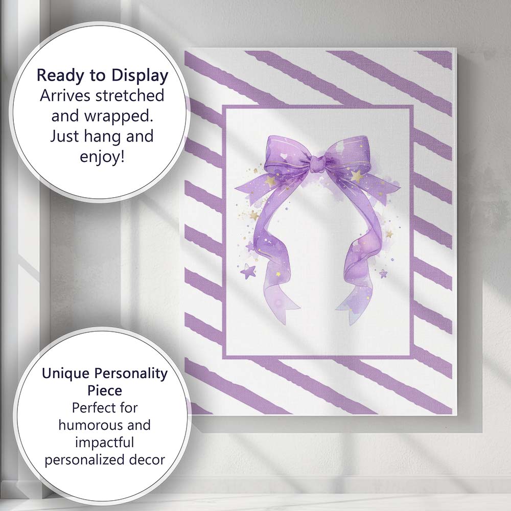 Lavender Watercolour Star Ribbon Bow Illustration Canvas Wall Art Print Decor Picture Ready to Hang
